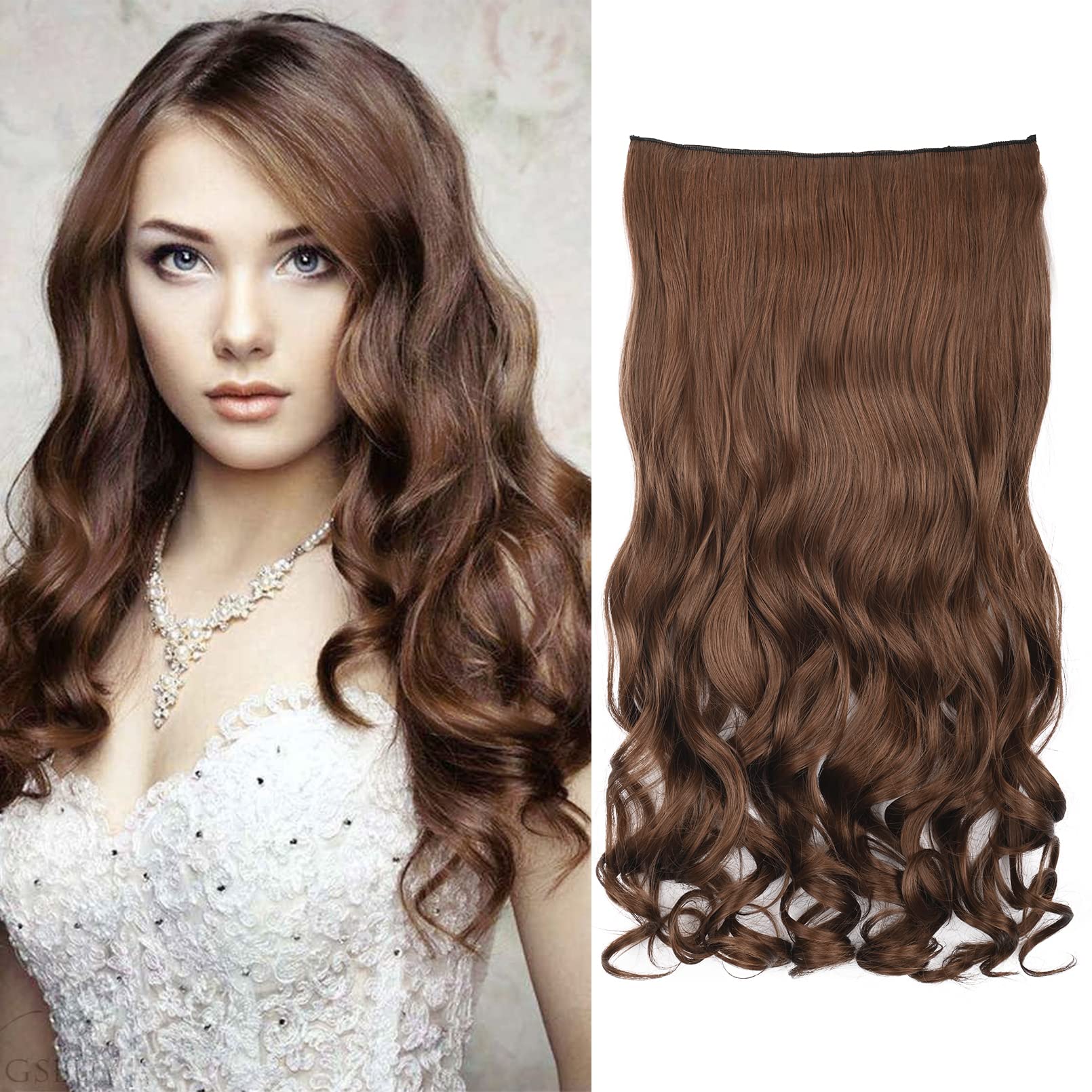 REECHO 20 1-Pack 3/4 Full Head Curly Wave Clips in on Synthetic Hair Extensions Hairpieces for Women 5 Clips 4.6 Oz per Piece - Light brown