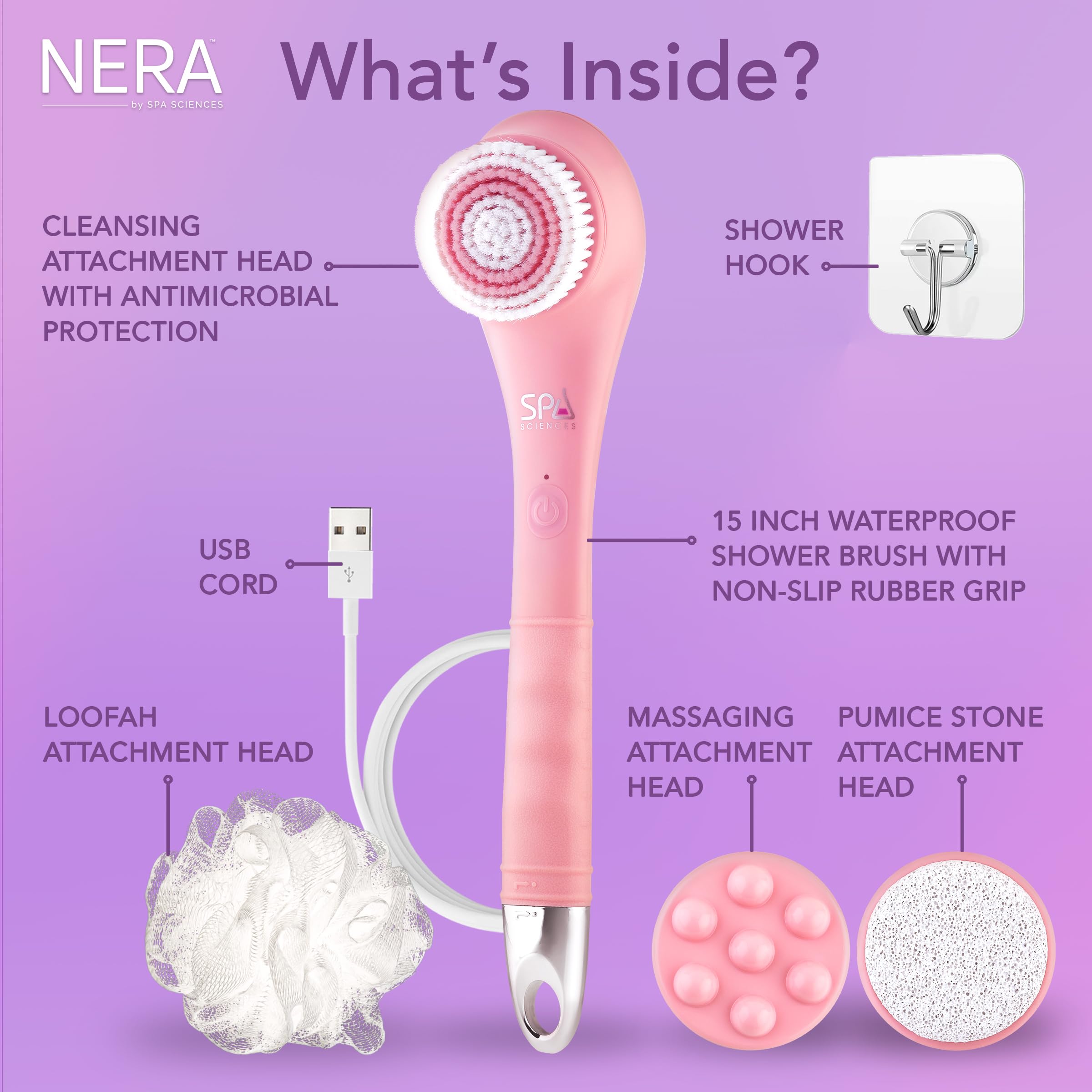 Spa Sciences NERA Shower Body Brush - 4-in-1 Multifunction Treatment - for Improved Exfoliation, Cleansing, Massaging - Includes Body Brush, Loofah, Pumice Stone, Massage Head - All Skin Types