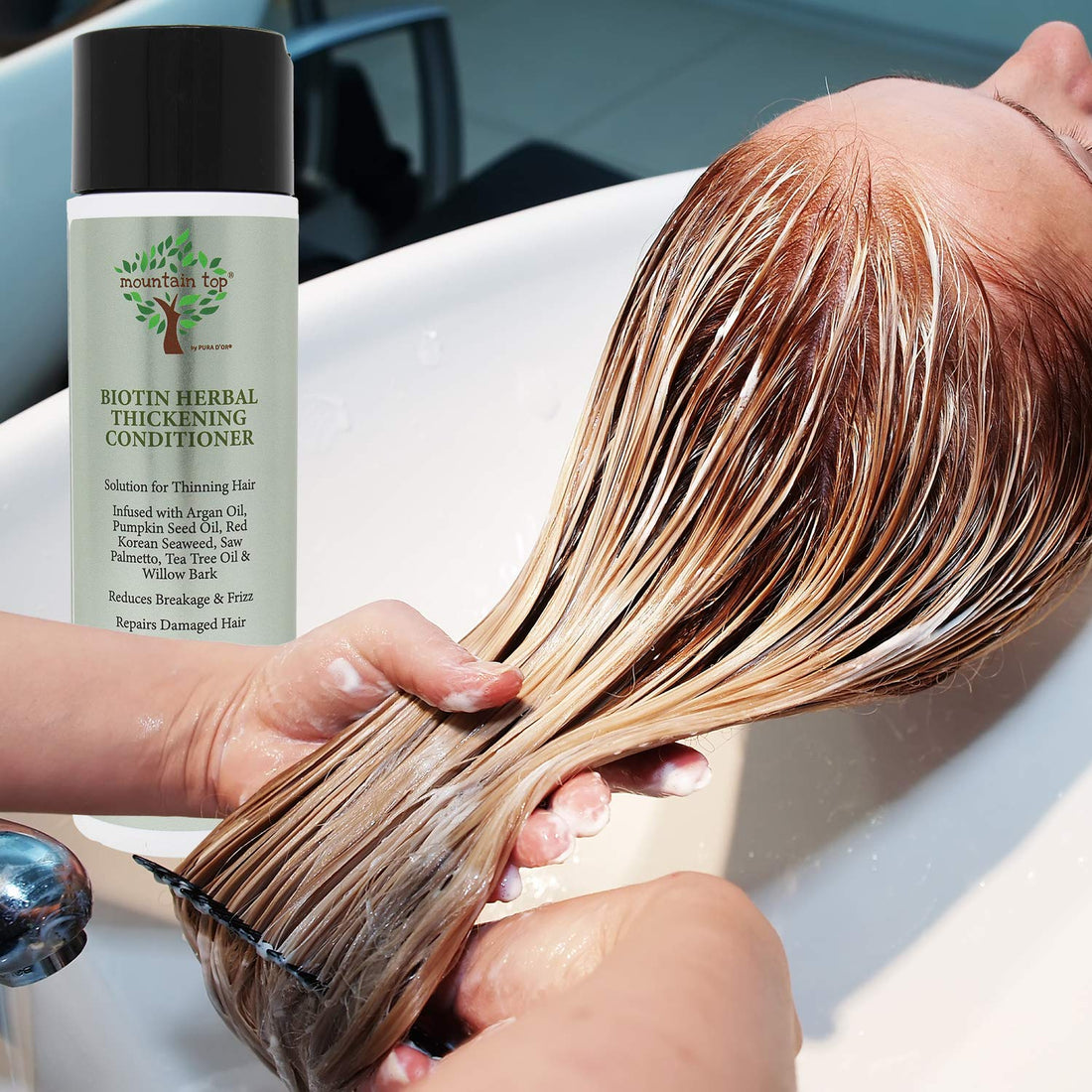 MOUNTAIN TOP Biotin Herbal Thickening Conditioner (8 oz / 273 ml) with Argan Oil, Pumpkin Seed Oil, Saw Palmetto, Tea Tree Oil & Willow Bark - For Dry, Frizzy, Thinning Hair - Men & Women