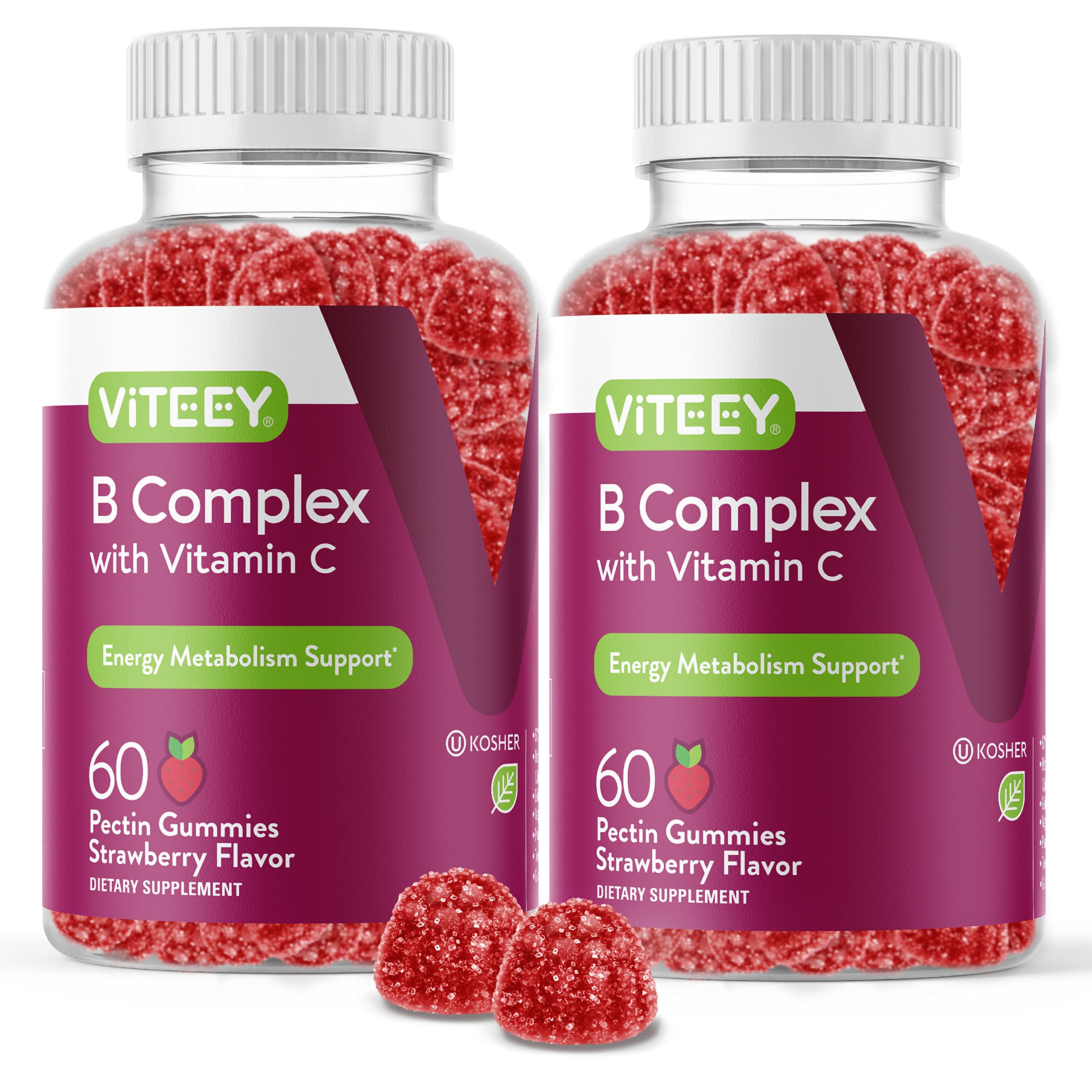 Vitamin B Complex Gummies for Adults with Vitamin C, B6, B12, Niacinamide, Folic Acid, Biotin, Calcium - Supports Energy & Metabolism - Vegan, Gluten Free, Gelatin Free - Chewable Strawberry Flavored