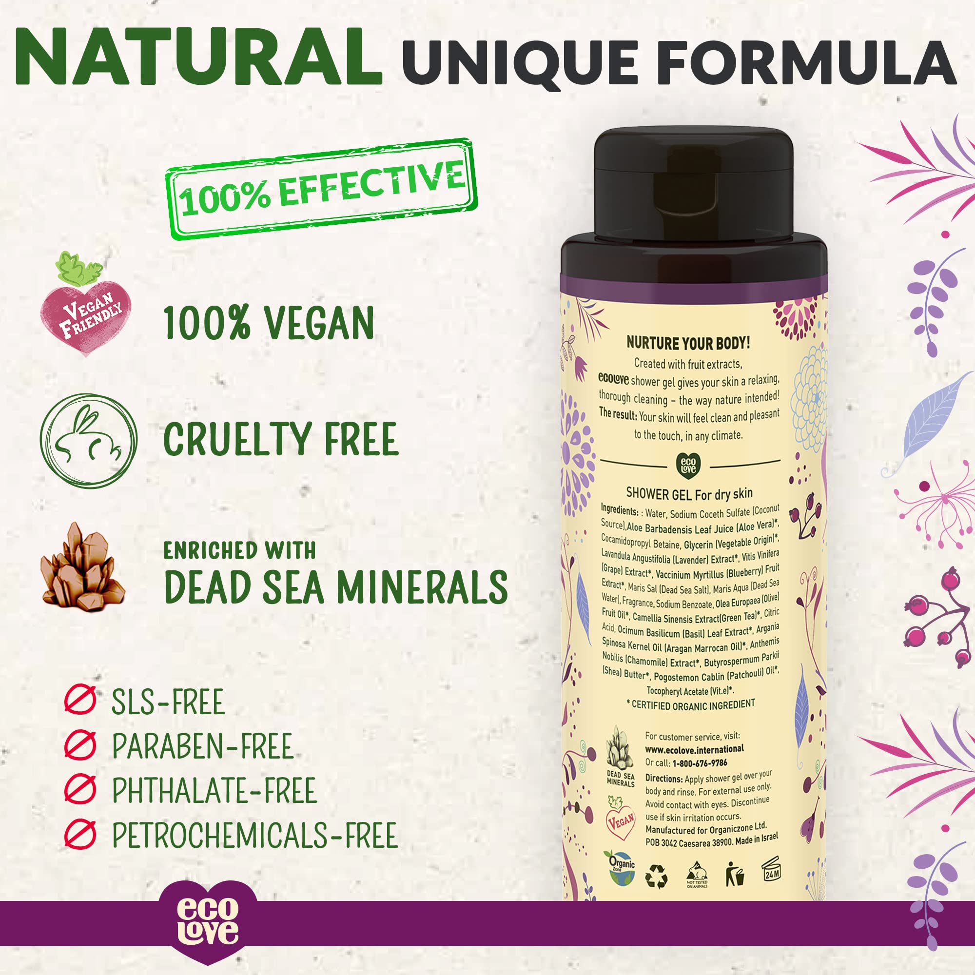 ecoLove Shower Gel for dry skin - Made with organic purple fruit extracts Blueberry, Grape & Lavender. 100% VEGAN (17.6 Oz)
