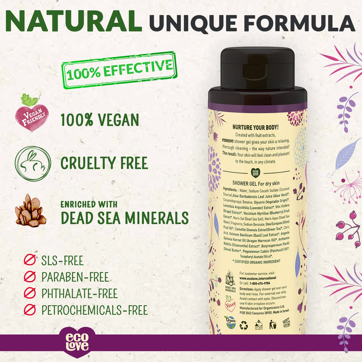 ecoLove Shower Gel for dry skin - Made with organic purple fruit extracts Blueberry, Grape & Lavender. 100% VEGAN (17.6 Oz)