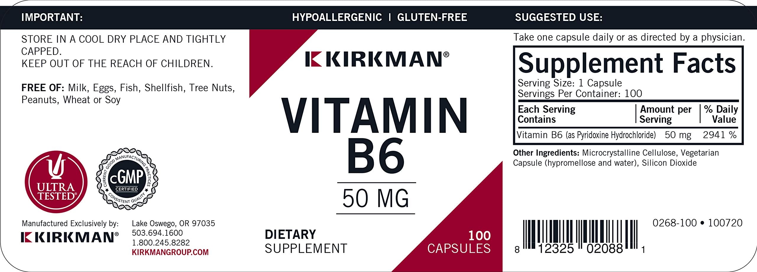 Kirkman Vitamin B-6 50 mg - Hypoallergenic - 100 Vegetarian Capsules - Gluten/Casein Free