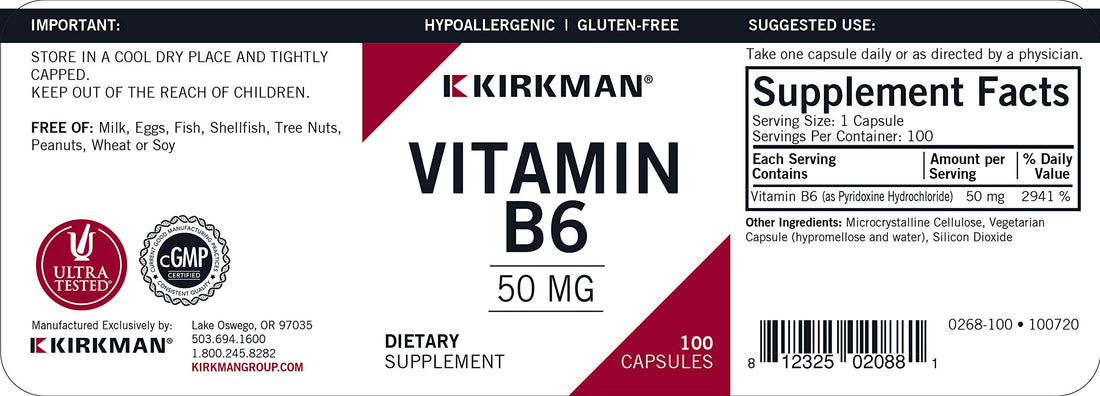 Kirkman Vitamin B-6 50 mg - Hypoallergenic - 100 Vegetarian Capsules - Gluten/Casein Free