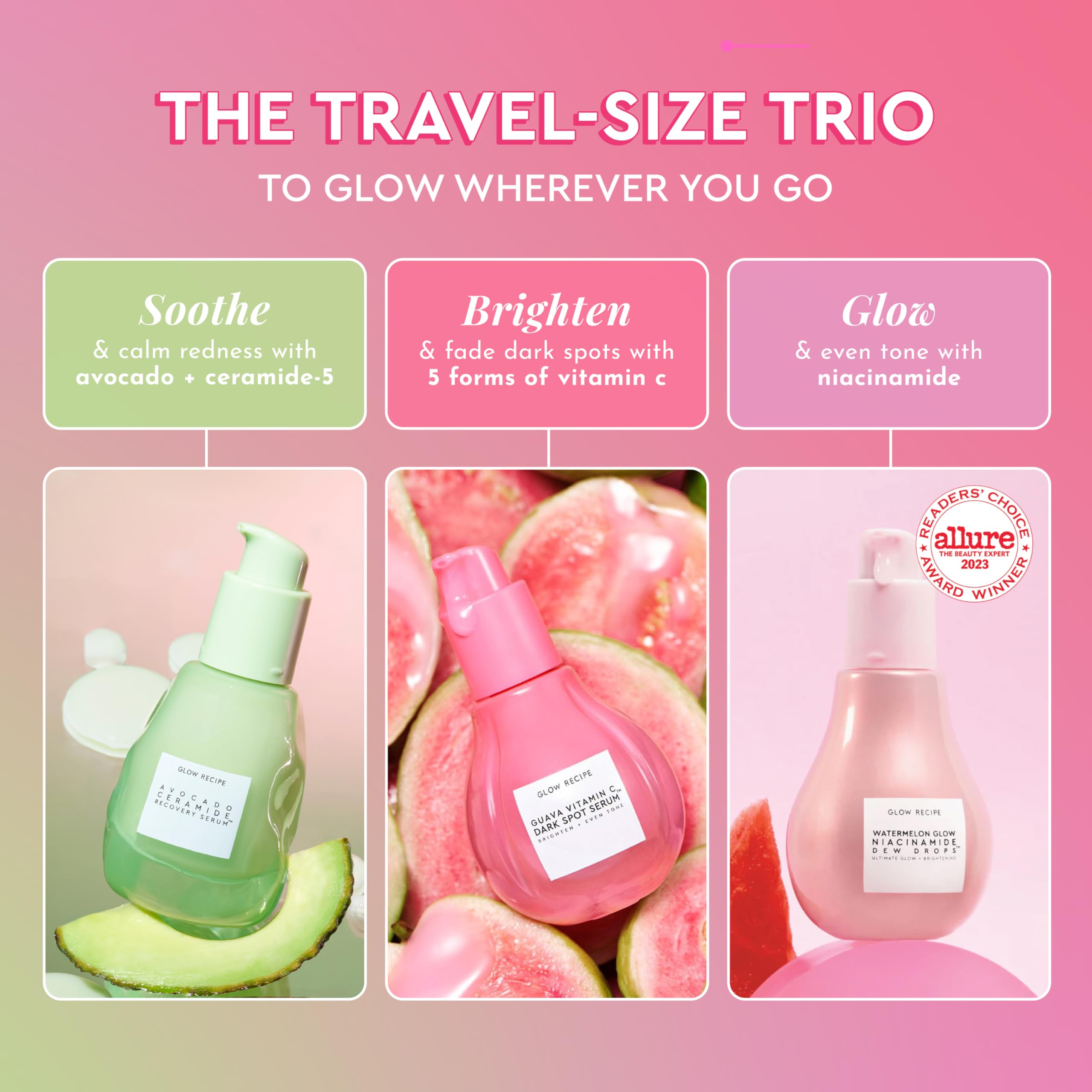 Glow Recipe Soothe, Glow & Bright Gift Set - Dew Drops Hydrating Niacinamide Serum + Avocado Ceramide Barrier Repair + Guava Dark Spot Vitamin C Serum - Korean Skincare Travel Kit (3 Count)