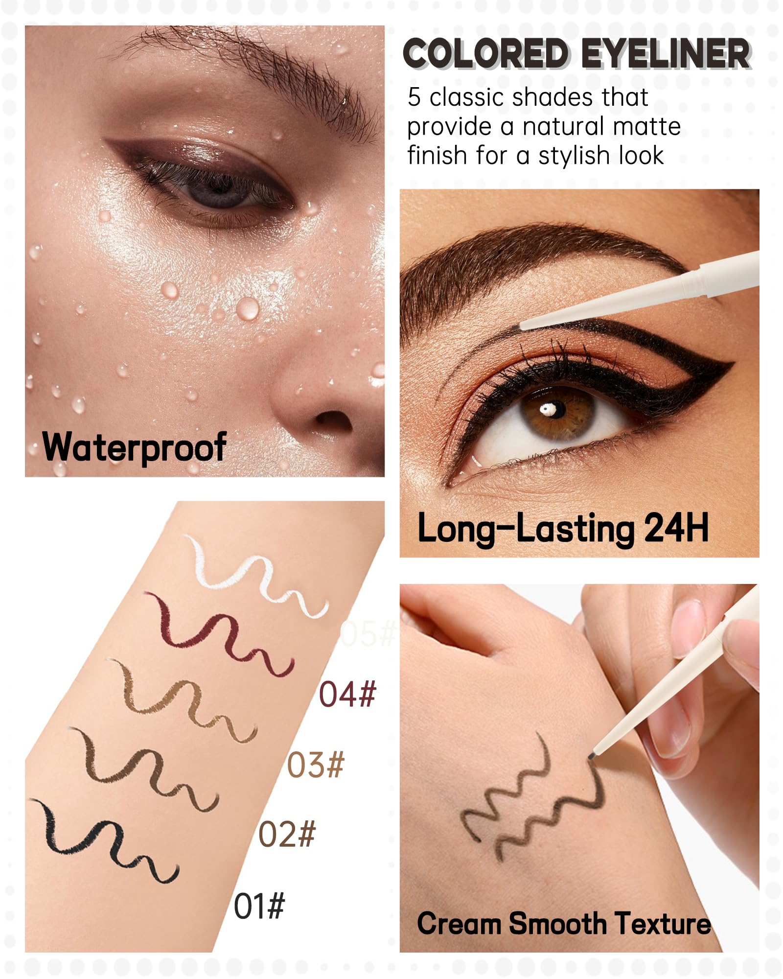 White Eyeliner for Waterline, Matte Gel Eyeliner Pencil Waterproof Smudge Proof, Ultra-Fine Tip, Cream Smooth Colored Eye Liner, Quick-Drying Long-Lasting, High Pigmented Eye Brightener Pen Makeup-05