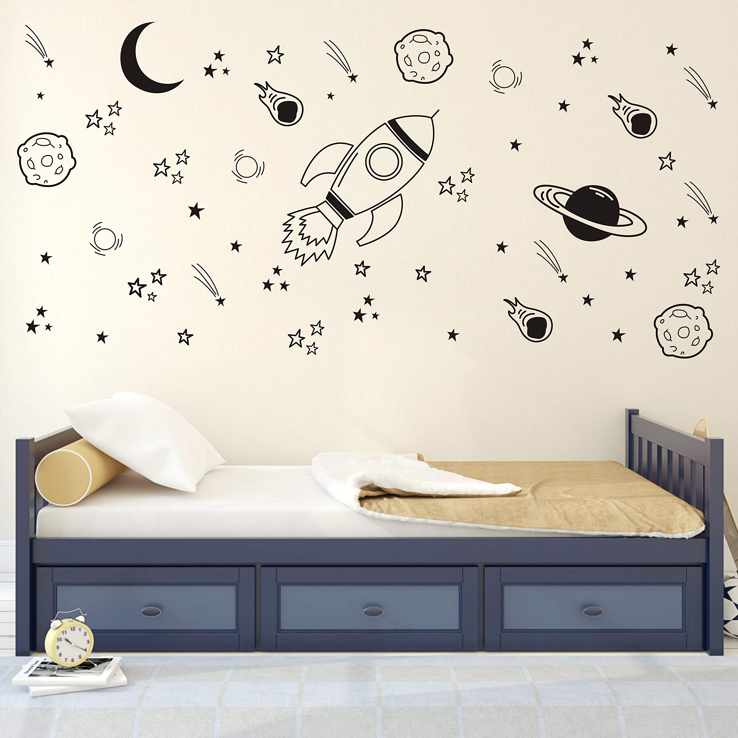 A37 Black Space Themed Room Decor - Rocket & Ship Wall Decals for Baby Boys Nursery
