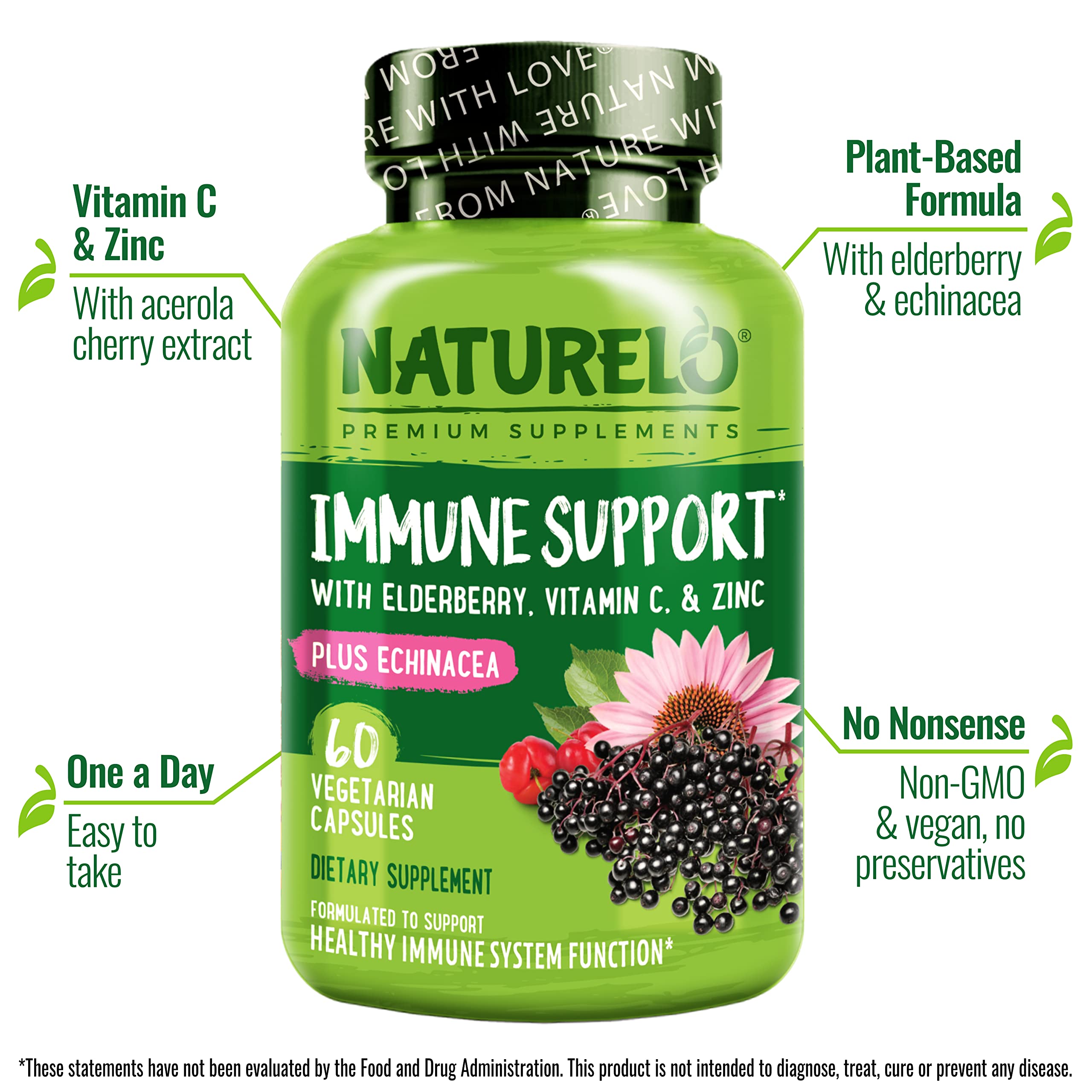 NATURELO Immune Support – Vitamin C, Elderberry, Zinc, Echinacea – Natural Immunity Boost w/Antioxidant, Herbal & Mineral Defense - 60 Vegan Capsules