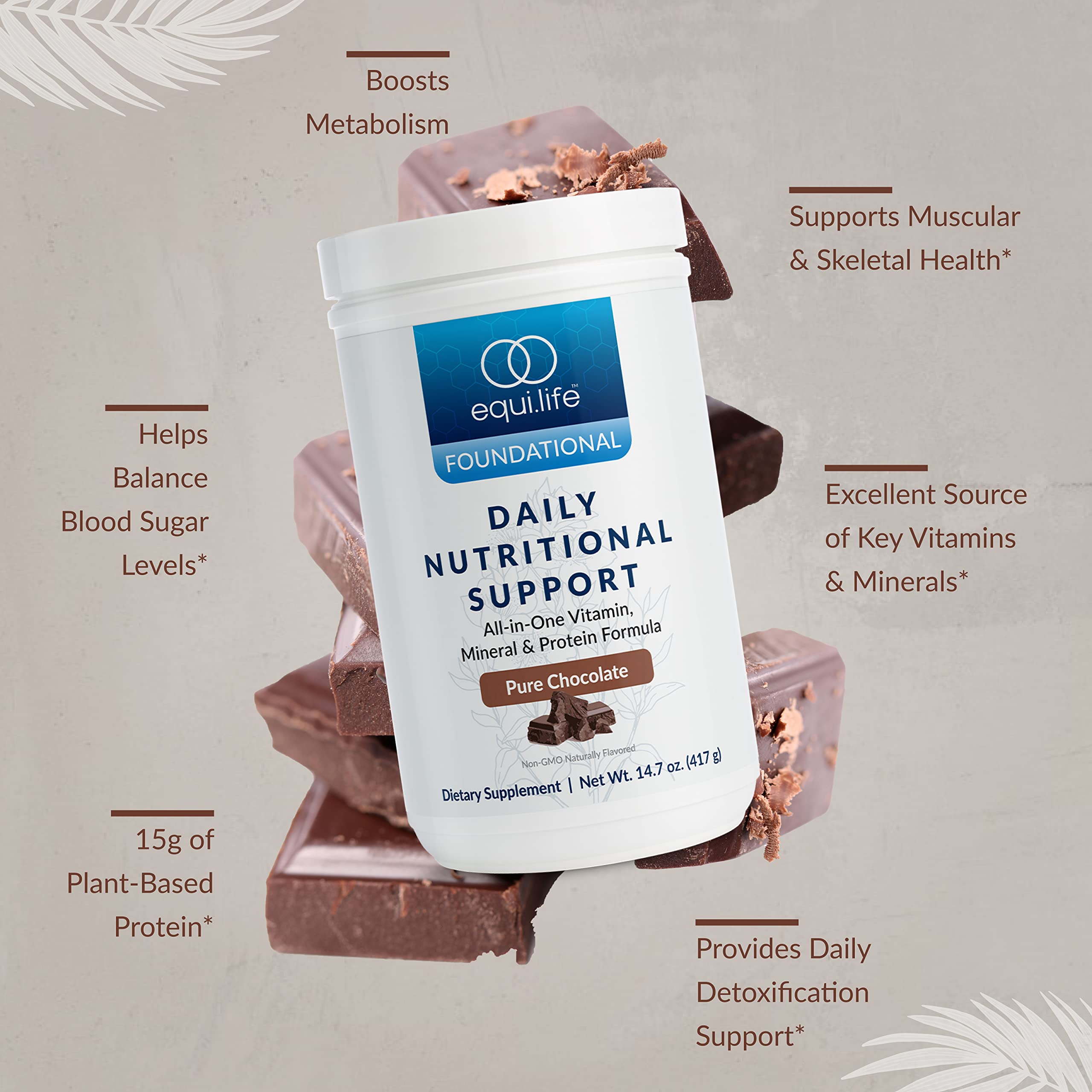 Equilife - Daily Nutritional Support, Organic and Plant Based Protein Powder, All-in-one Multivitamin, Boost Energy and Mood, Gut-Cleansing Aid and Skin Health (Pure Chocolate,14 Servings Tub)