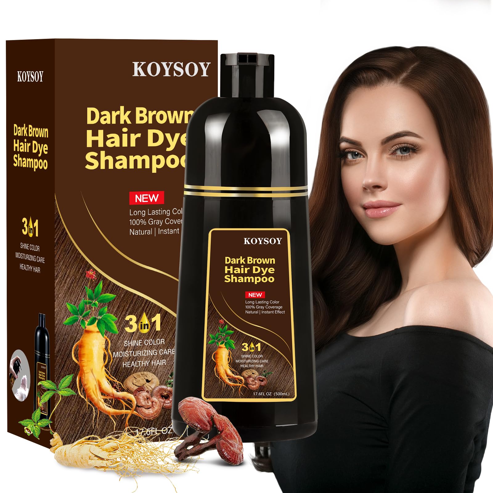 KOYSOY Dark Brown Hair Dye Shampoo 3 in 1,100% Covers Gray Hair,Hair Color Shampoo Can Avoid Going to the Salon to Dye Your Hair,Convenient and Effective Shampoo Hair Dye(500mL,17.6 Fl Oz)(Dark Brown)