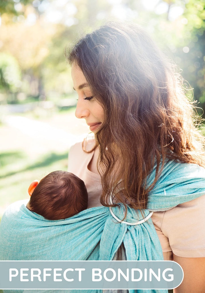 Ring Sling Baby Carrier 100% Cotton Muslin Front and Chest Newborn to Toddler Carrier and Baby Sling (Grey Turquoise)