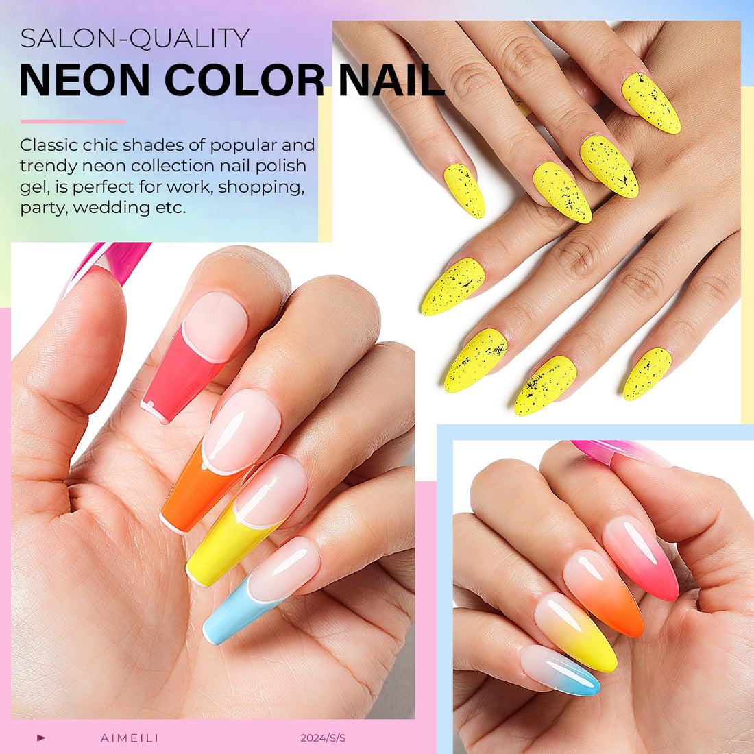 AIMEILI Gel Nail Polish Soak Off Summer Gel Nail Lacquer, Neon Pink Hot Pink Neon Orange Blue Yellow Green Purple Summer Color Gel Set Of 6pcs X 10ml - Kit Set 11