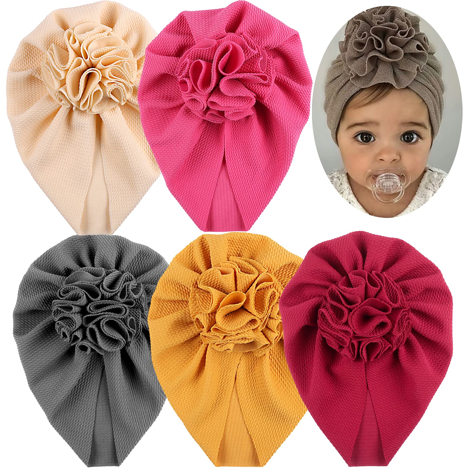 5 Pcs Baby Girls Headbands Nylon Hairbands with Bows Soft Elastics Baby Hospital Hat Newborn Turban Headwrap Hair Accessories for Babies Infant Toddlers Kids Photography