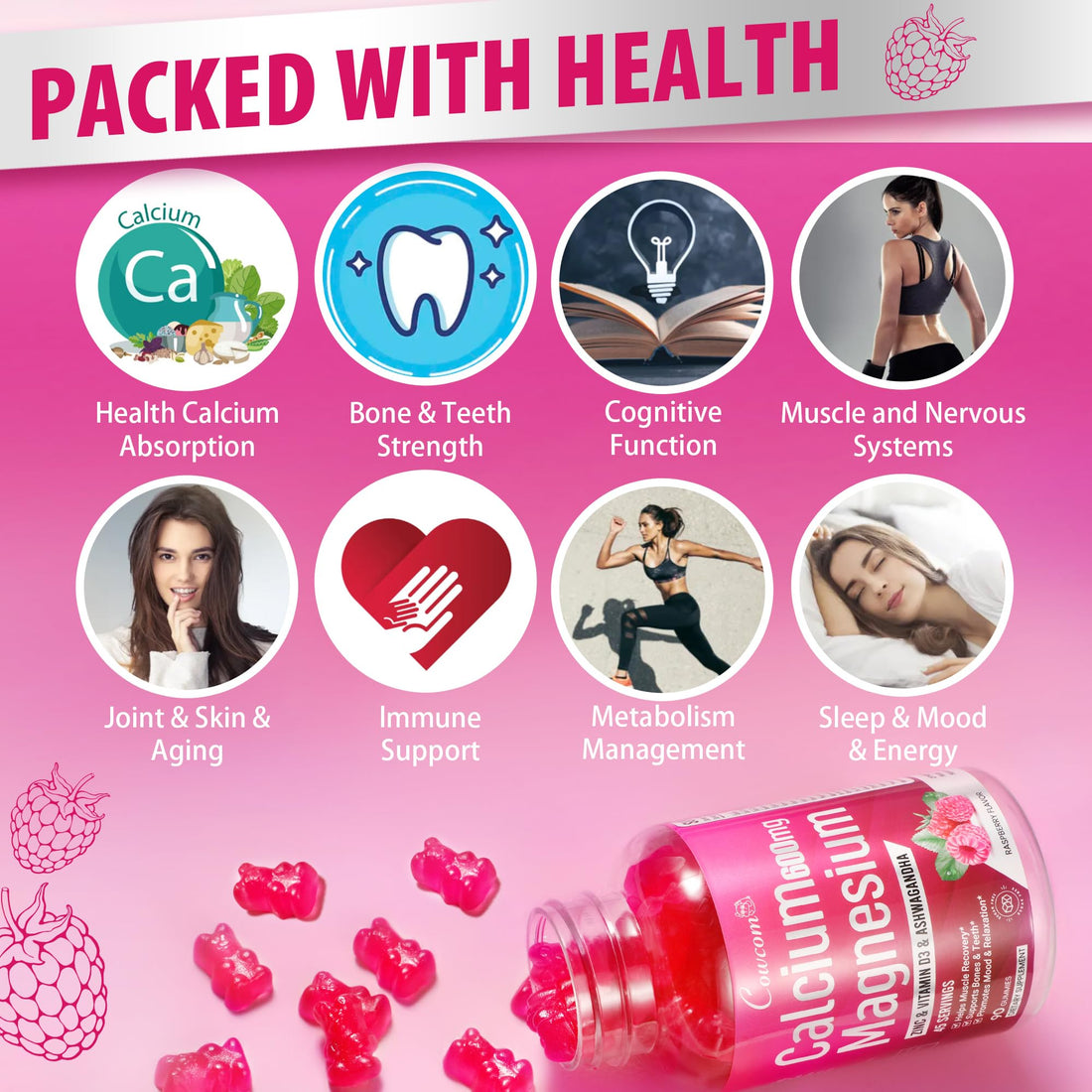 Calcium Magnesium Zinc Gummies Sugar-Free with Vitamin D3 B6 B12,High Absorption Calcium Magnesium Supplement,Bone, Muscles,Calm Mood,Sleep Support for Kids adults,90 Count Vegan Raspberry Flavor