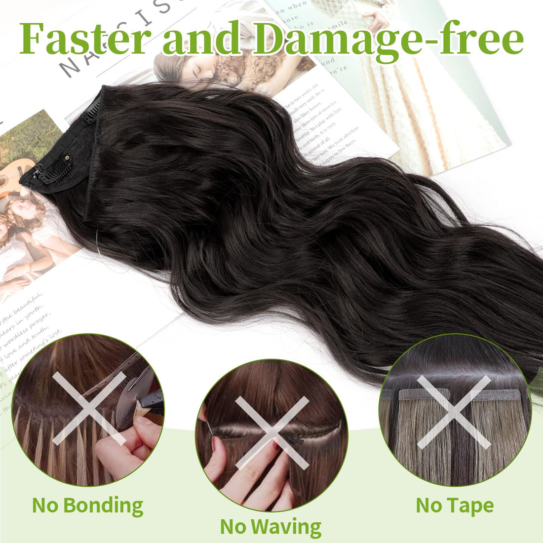 KooKaStyle Invisible Wire Hair Extensions with Transparent Wire Adjustable Size 4 Secure Clips Long Wavy Secret Synthetic Hairpiece 20 Inch 120g Rich Dark Brown with Warm Tones for Women