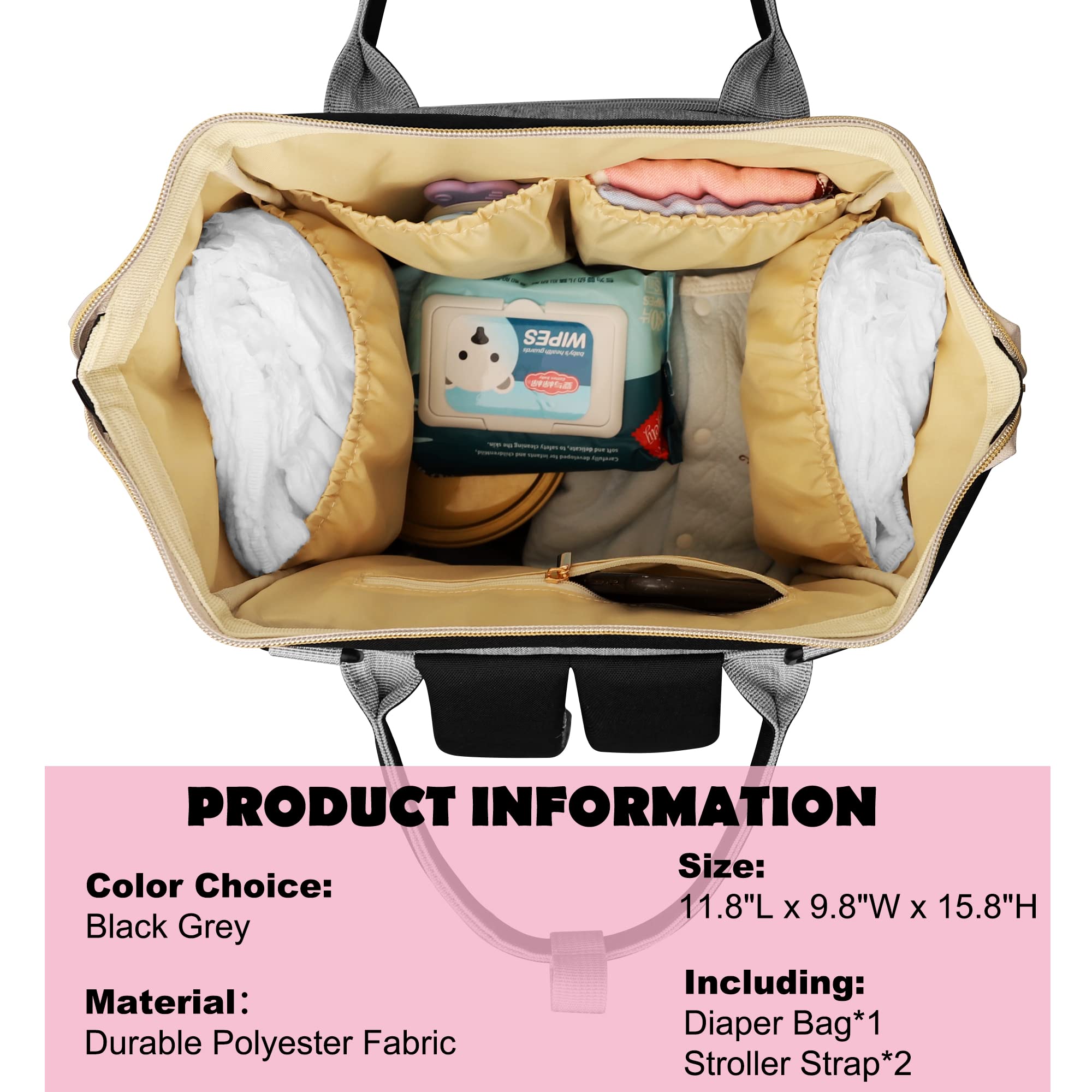 Femuar Diaper Bag Backpack Multifunction Maternity Nappy Baby Bag for Girls & Boys Large Capacity Travel Diaper Bags Black Gray