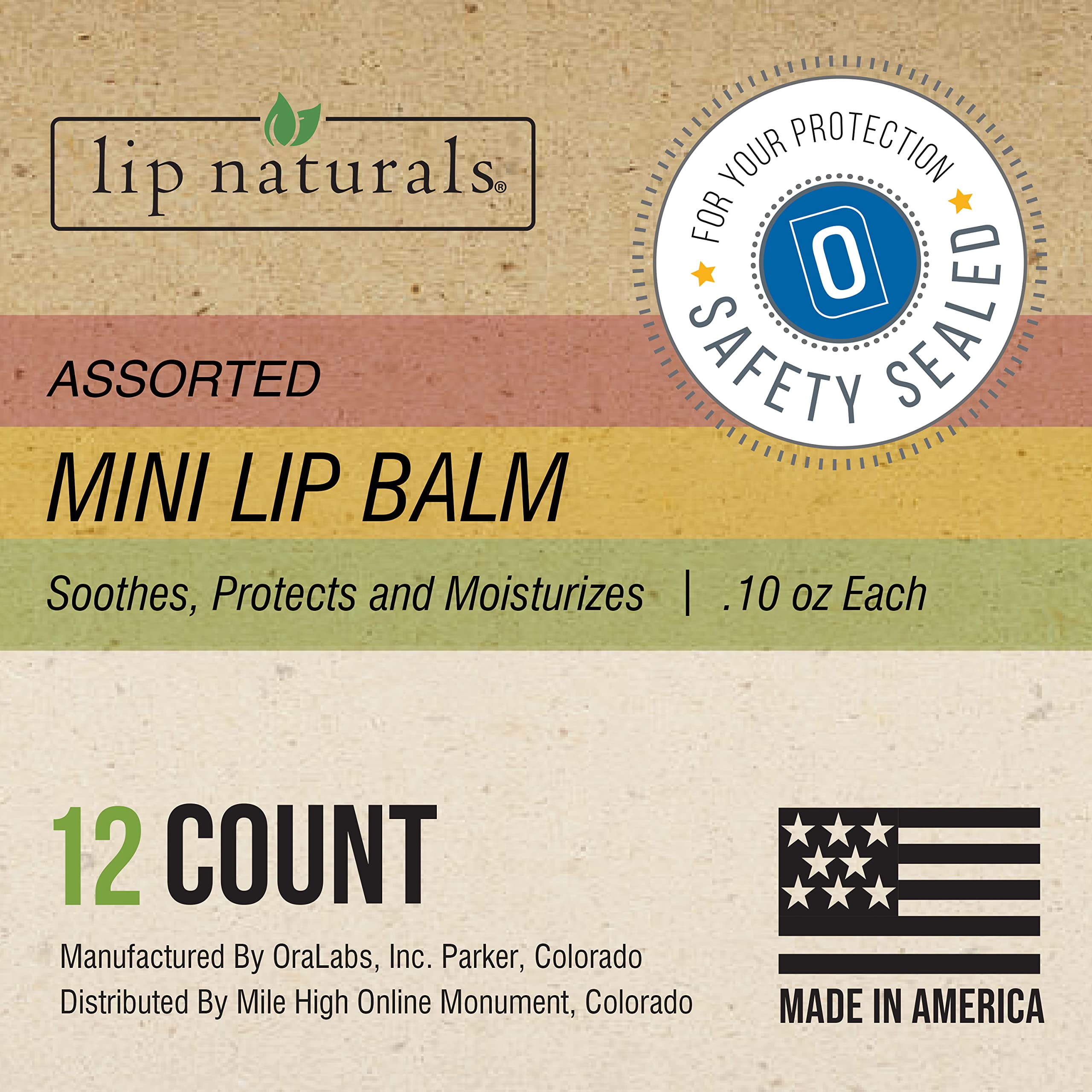 Lip Naturals® | Assorted Mini Lip Balm with Sunscreen (SPF-15) | Made in USA | 12-Count Pack with Bing Cherry, Tea Tree Mint, and Vanilla Bean Flavors (0.10oz/3g Each)
