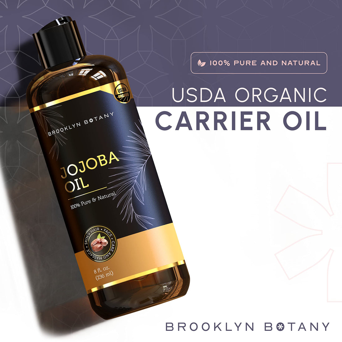 Brooklyn Botany USDA Organic Cold-Pressed Jojoba Oil for Skin, Hair and Face - 100% Pure and Natural Body Oil and Hair Oil - Carrier Oil for Essential Oils, Aromatherapy and Massage Oil - 8 fl Oz
