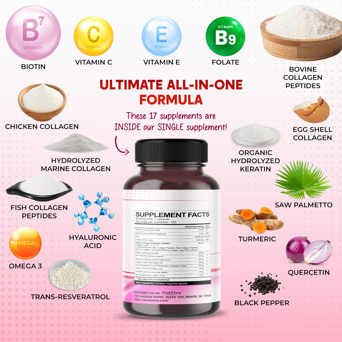 PEAKPURY Collagen Biotin Resveratrol Saw Palmetto - Skin, Joint Health Support - Made in USA