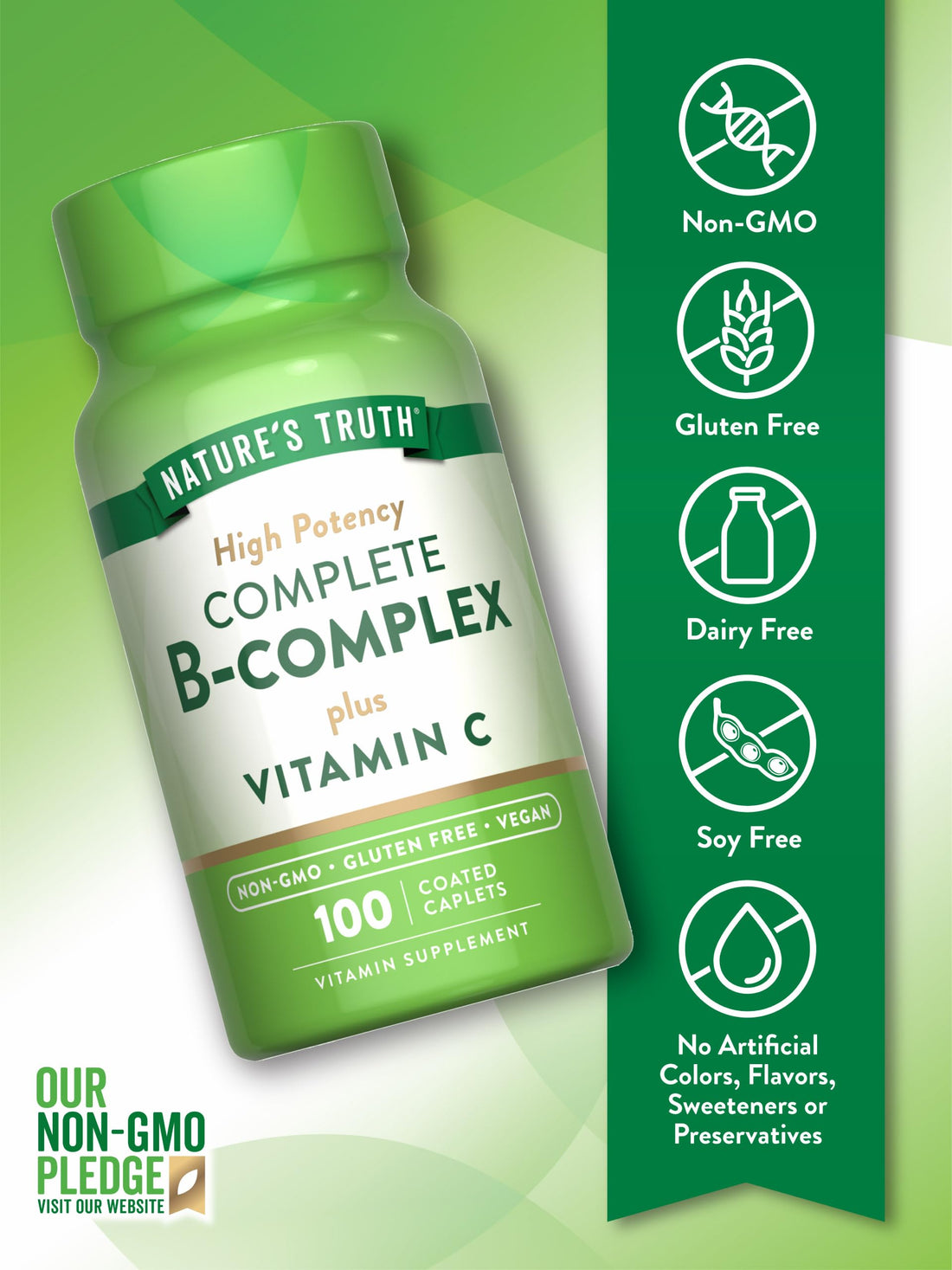Nature's Truth Vitamin B Complex Plus Vitamin C | 100 Caplets | Vegan, Non-GMO & Gluten Free Supplement