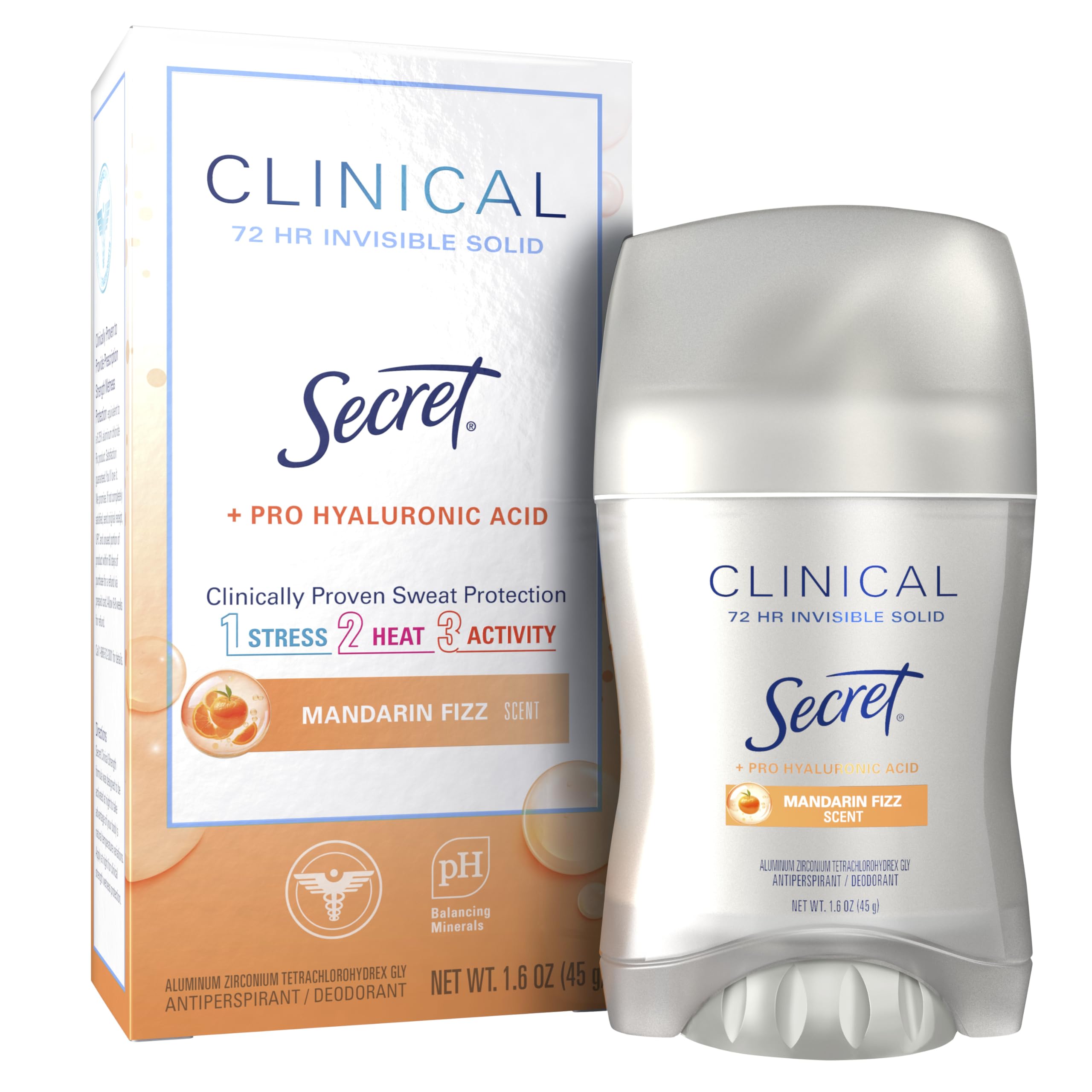 Secret Clinical Strength Antiperspirant Deodorant for Women, 3X Stress Protection, 72hr Sweat & Odor Protection, Pro-Hyaluronic Acid, Invisible Solid, Mandarin Summer Fizz Scent, 1.6 oz