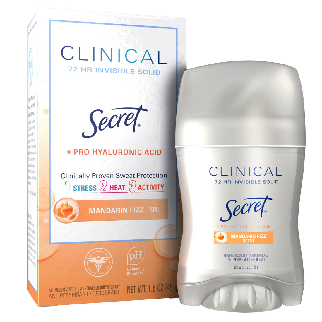 Secret Clinical Strength Antiperspirant Deodorant for Women, 3X Stress Protection, 72hr Sweat & Odor Protection, Pro-Hyaluronic Acid, Invisible Solid, Mandarin Summer Fizz Scent, 1.6 oz