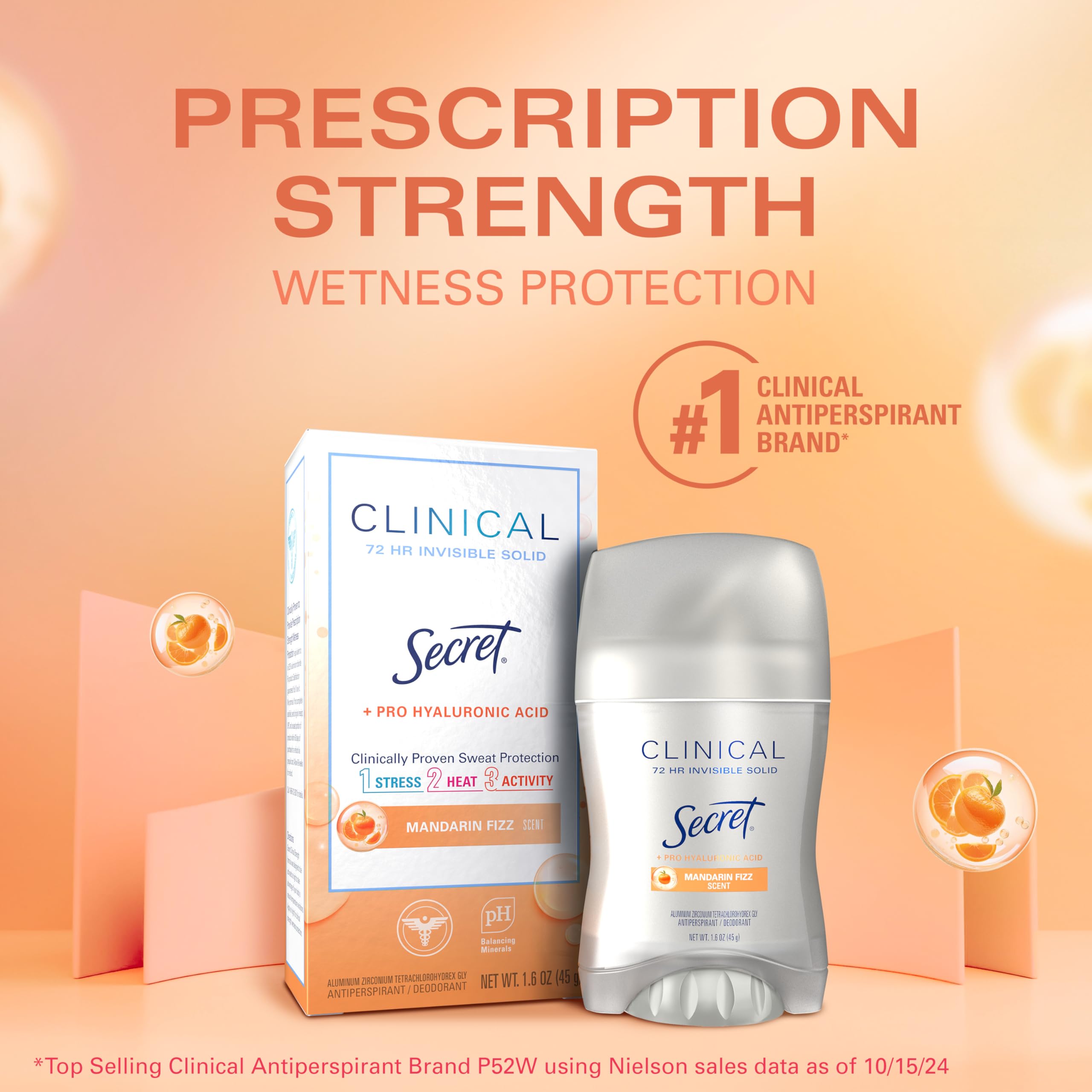 Secret Clinical Strength Antiperspirant Deodorant for Women, 3X Stress Protection, 72hr Sweat & Odor Protection, Pro-Hyaluronic Acid, Invisible Solid, Mandarin Summer Fizz Scent, 1.6 oz