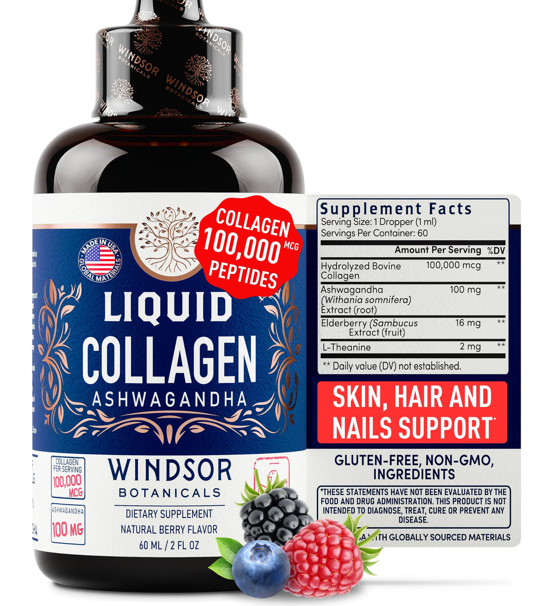 Liquid Collagen for Women with Ashwagandha, Elderberry, L-Theanine - High Absorption 100,000 mcg Hydrolyzed Collagen Peptides Liquid Drops - Hair, Skin, Nails and Nails Support – 60 Servings