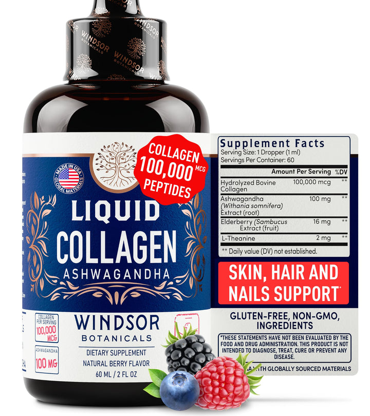 Liquid Collagen for Women with Ashwagandha, Elderberry, L-Theanine - High Absorption 100,000 mcg Hydrolyzed Collagen Peptides Liquid Drops - Hair, Skin, Nails and Nails Support – 60 Servings