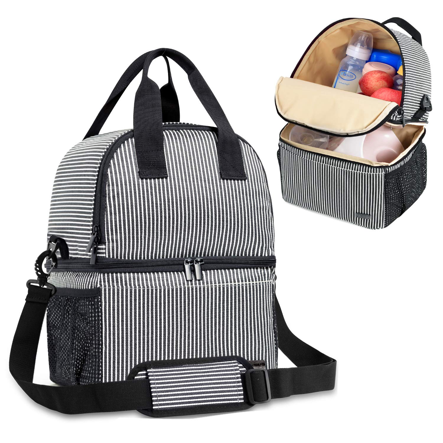 Teamoy Breast Pump Tote with Cooler Compartment for Milk Bottles and More, Double Layer Pumping Bag for Working Moms, Black and White Stripes