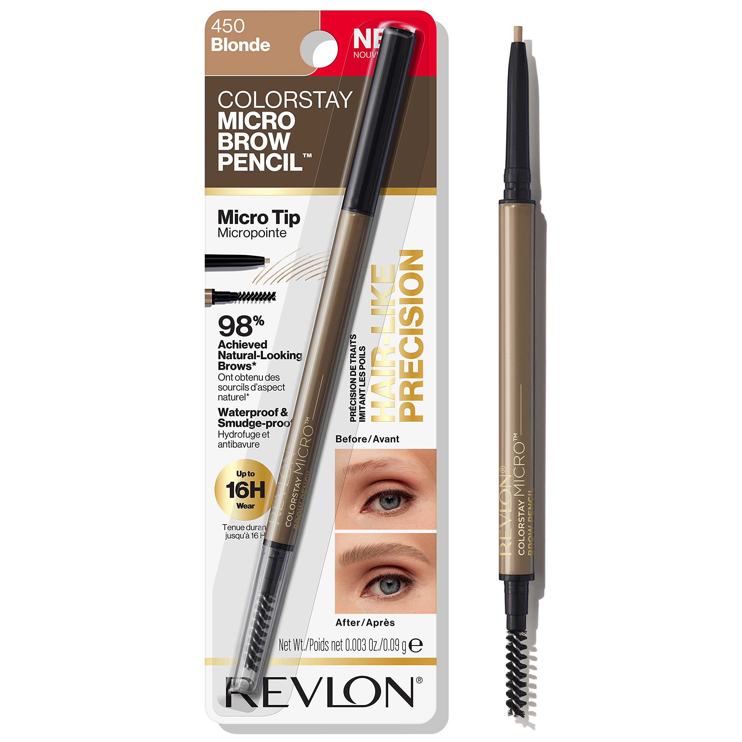 Revlon ColorStay Micro Eyebrow Pencil with Built In Spoolie Brush, Infused with Argan and Marula Oil, Waterproof, Smudgeproof, 450 Blonde, 0.003 oz