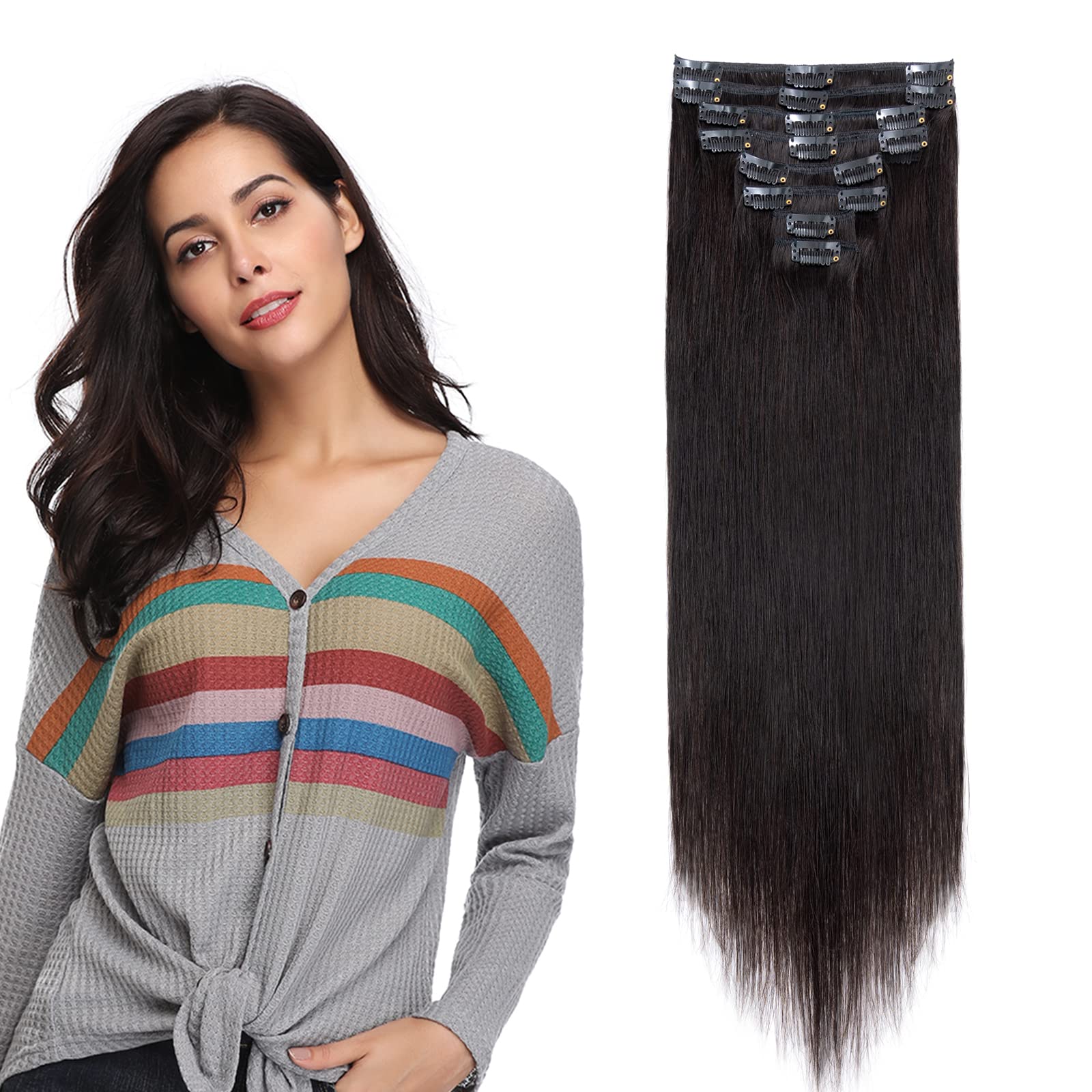 Clip in 100% Remy Human Hair Extensions 8-24 Grade 7A Quality Full Head 8pcs 18clips Long Soft Silky Straight for Women Fashion 10 / 10 inch 70g, #1B Natural Black