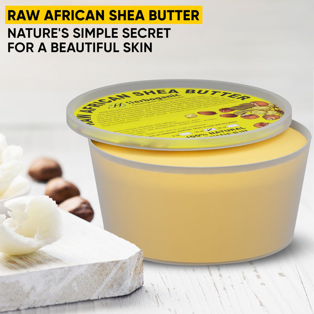 HERBOGANIC Pure African Shea Butter Raw Organic, Yellow Ivory 100% Natural Unrefined | For Body & Hair Scalp Non GMO - 16 oz