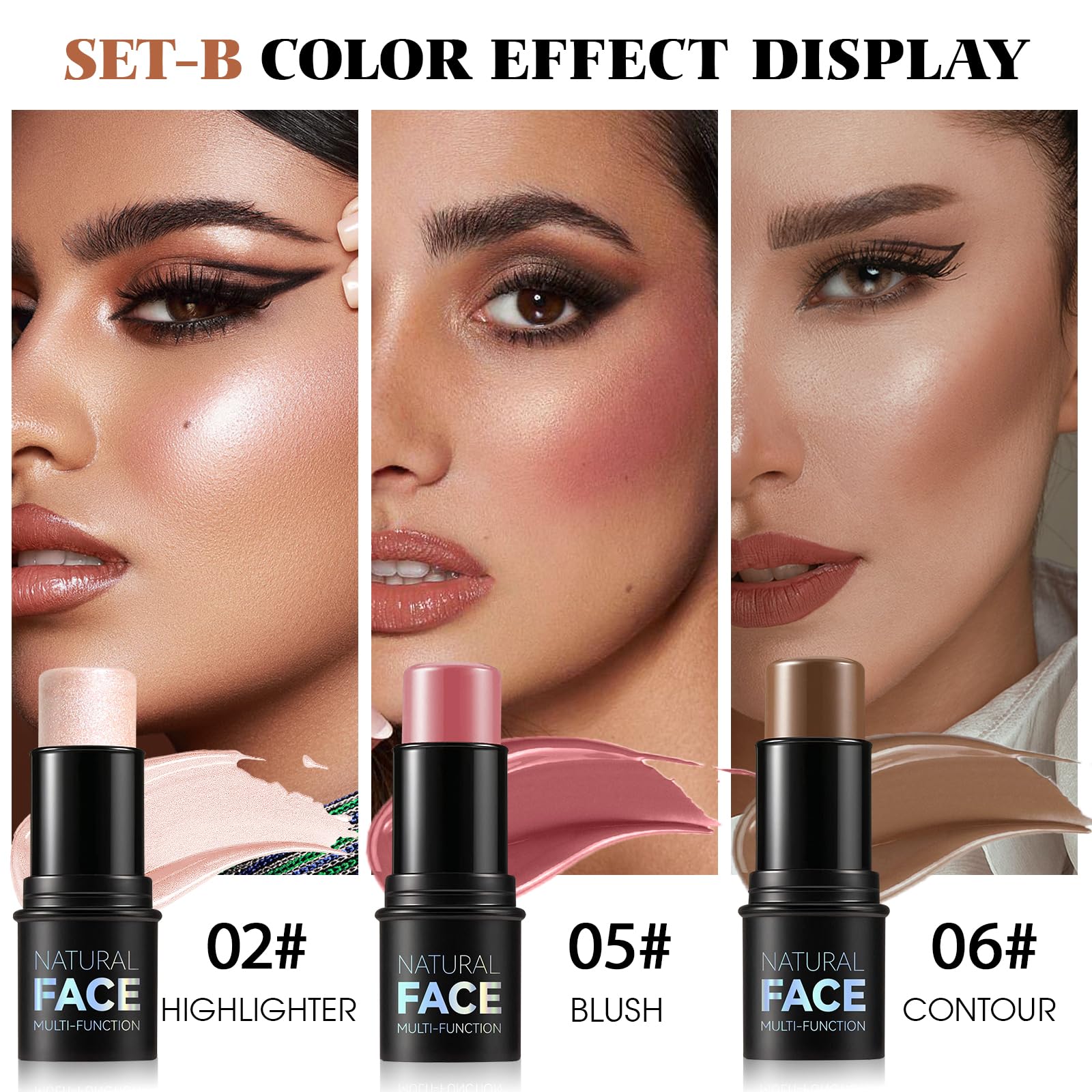 LSxia 3Pcs Cream Contour Stick Makeup Kit - Cream Blush Stick Highlighter Stick Contour Bronzer Stick for Cheeks, Waterproof Long Lasting Blendable, Contour Stick Trio for Face Makeup (#02, 05, 06)