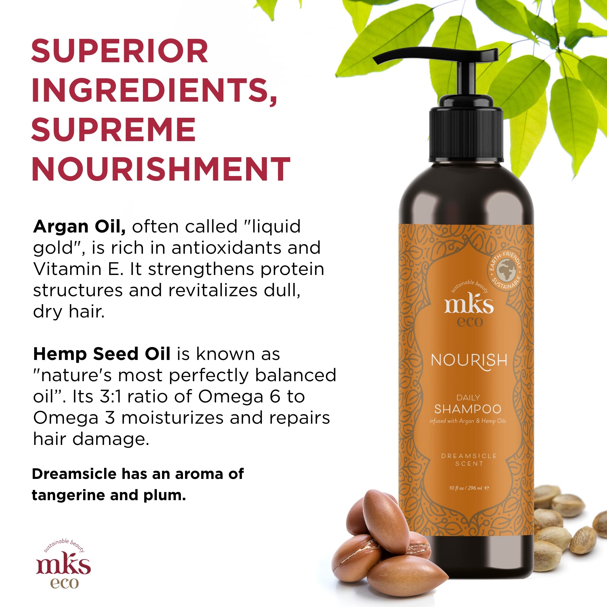 MKS eco X Nourish Shampoo, Dreamsicle - 10 fl oz - Cleanses, Strengthens & Repairs - Ideal for Fine Hair, Safe for Color Treated Hair - Moroccan Argan Oil, Hemp Seed Oil - Vegan, Cruelty Free