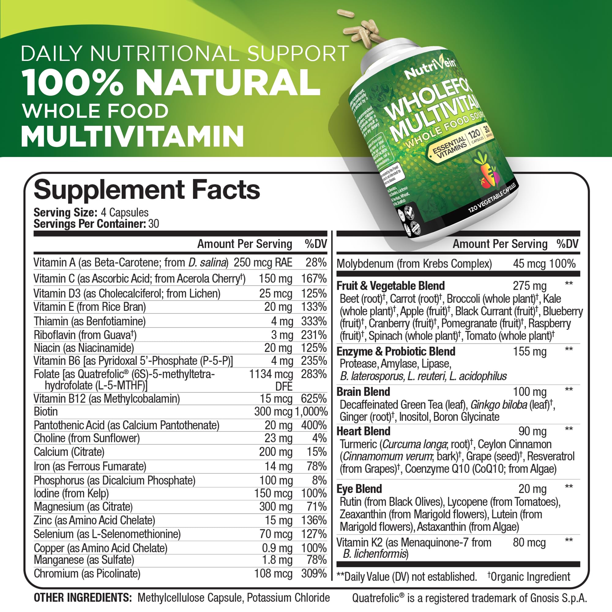 Nutrivein Whole Food Multivitamin - Complete Daily Vitamins for Men and Women from Natural Whole Foods, Real Raw Veggies, Fruits, Vitamin E, A, B Complex - 30 Day Supply (120 Capsules, Four Daily)