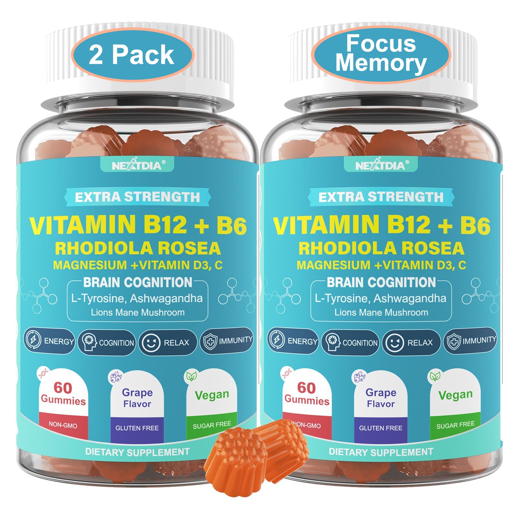 Focus Memory & Energy Gummies, L-Tyrosine + Methyl B12 1000mcg, B6 50mg, D3 C, Lion's Mane Mushroom, for 15+ Students, Office Worker, Multivitamin, Herb Blend for Seniors Brain & Cognition, Sugar Free