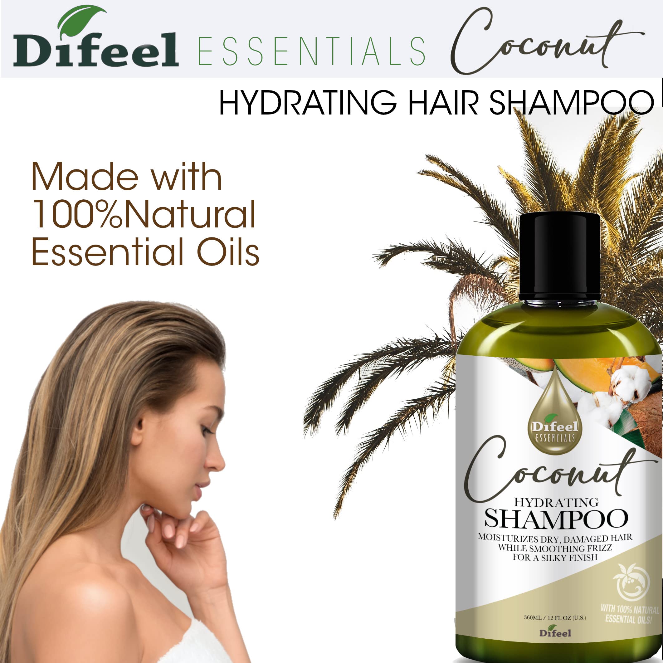 Difeel Essentials Hydrating Coconut Shampoo 12 oz. - Moisturizing Sulfate Free Shampoo made with 100% natural Essential Oils