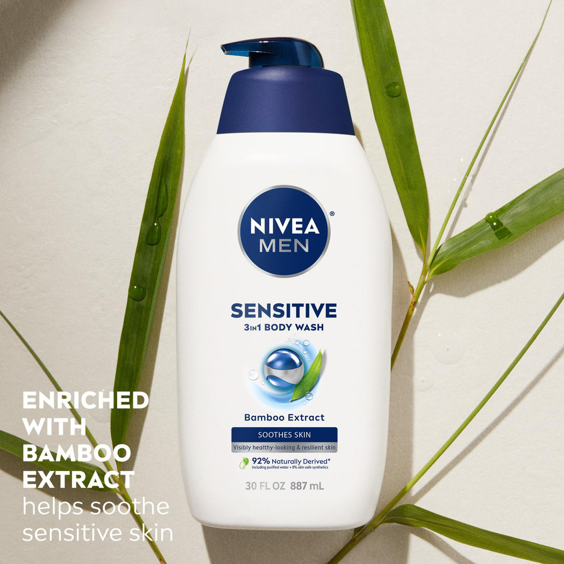 NIVEA MEN Sensitive Body Wash with Bamboo Extract, Moisturizing Body Wash for Sensitive Skin, Soap Free Shower Gel for Men with No Drying Alcohol, 30 Fl Oz Bottle
