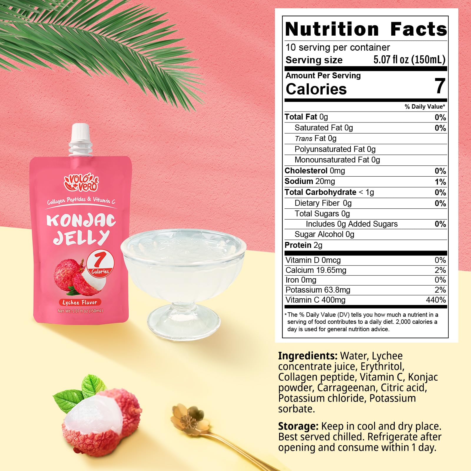 VOLO VERO Konjac Jelly Pouch Drinkable Lychee Flavor with Collagen Peptides and Vitamin C, 7 Calories, Gluten Free, Zero Sugar,Keto, Low Fat Healthy Fruit Snacks, Holiday Gifts, 10 Packs