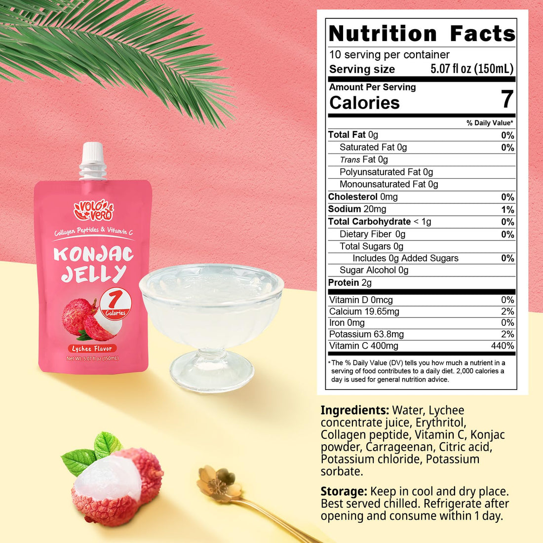 VOLO VERO Konjac Jelly Pouch Drinkable Lychee Flavor with Collagen Peptides and Vitamin C, 7 Calories, Gluten Free, Zero Sugar,Keto, Low Fat Healthy Fruit Snacks, Holiday Gifts, 10 Packs