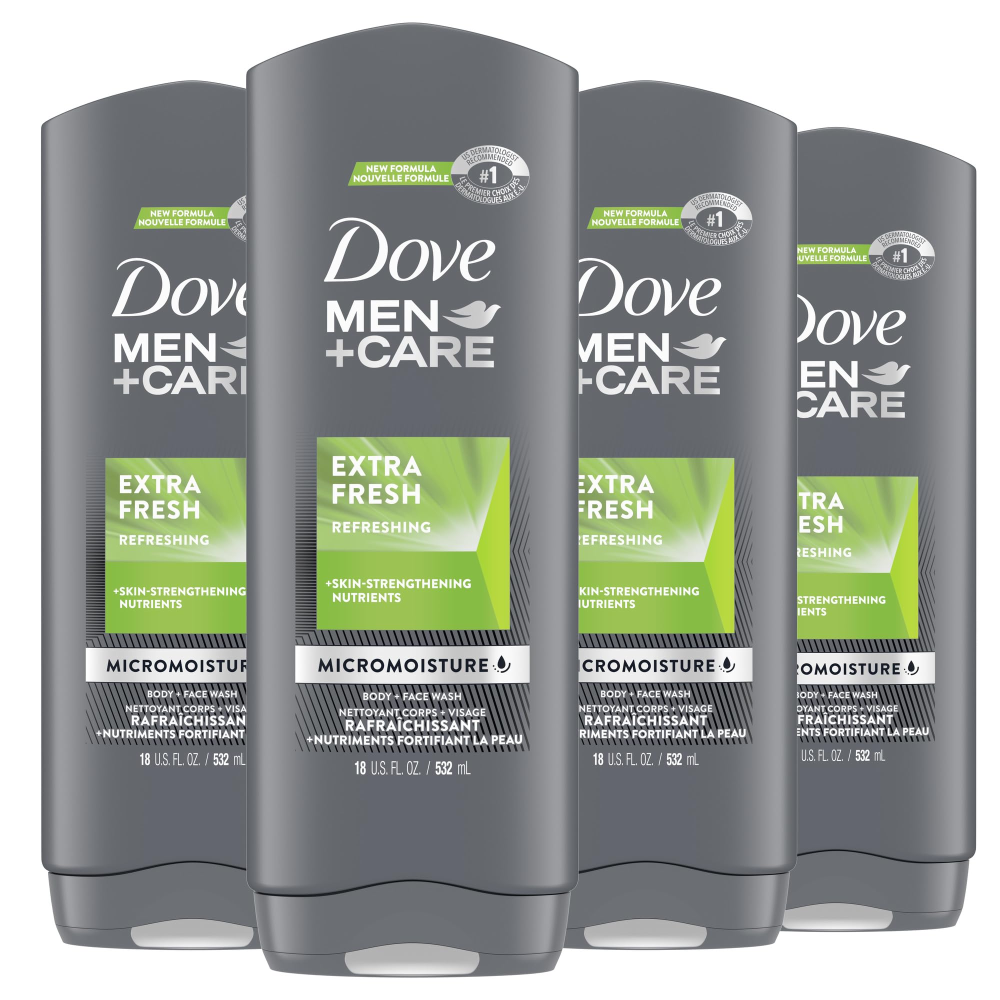 Dove Men+Care Body Wash Extra Fresh 4 Count for Men's Skin Care Body Wash Effectively Washes Away Bacteria While Nourishing Your Skin 18 oz
