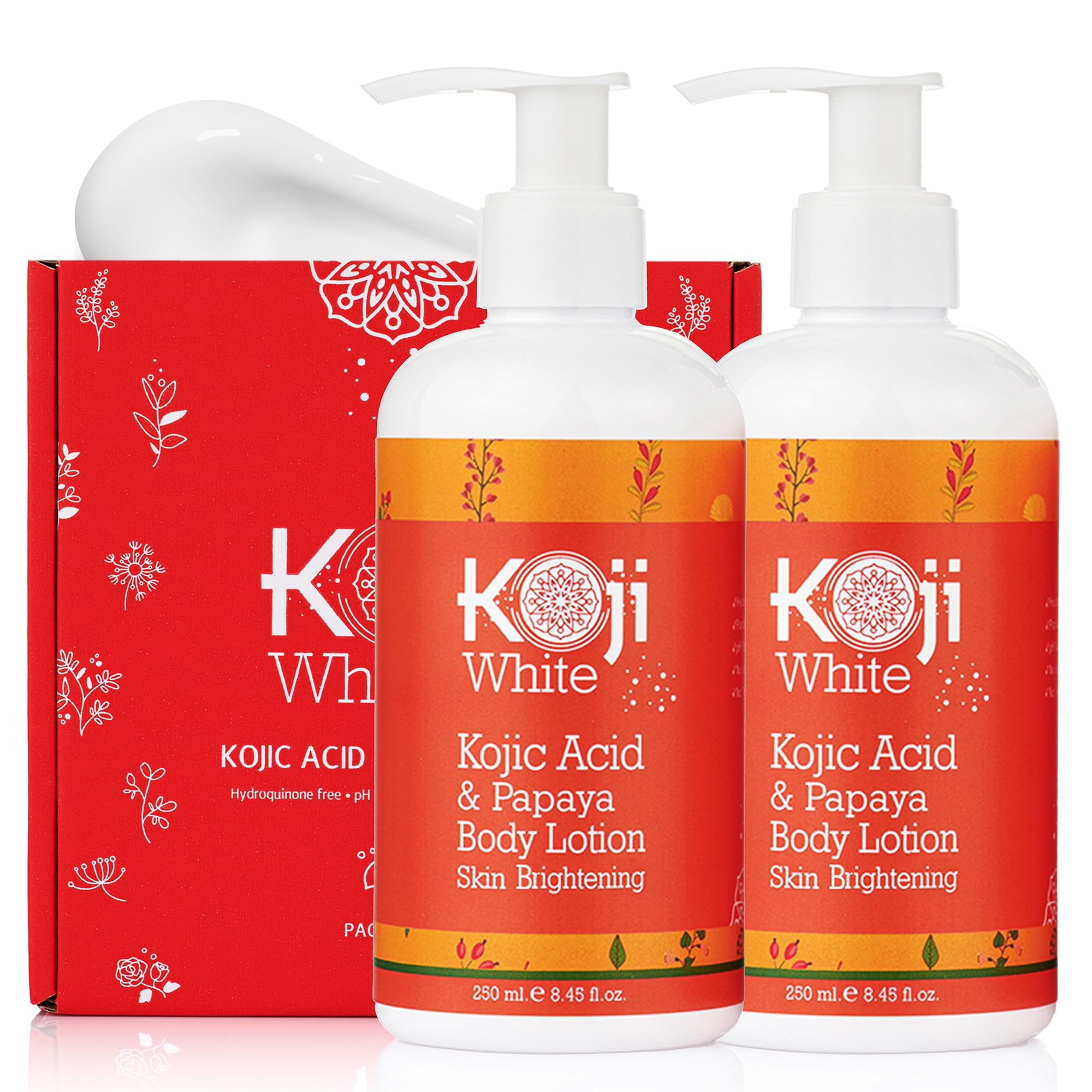 Koji White Kojic Acid & Papaya Body Lotion, Women Gift Sets for Exfoliating, Skin Brightening, Moisturizer, Radiance, Even Tone, Age Spots & Sun Damaged, Vegan, Paraben-Free, 8.45 Fl Oz (2 Bottles)