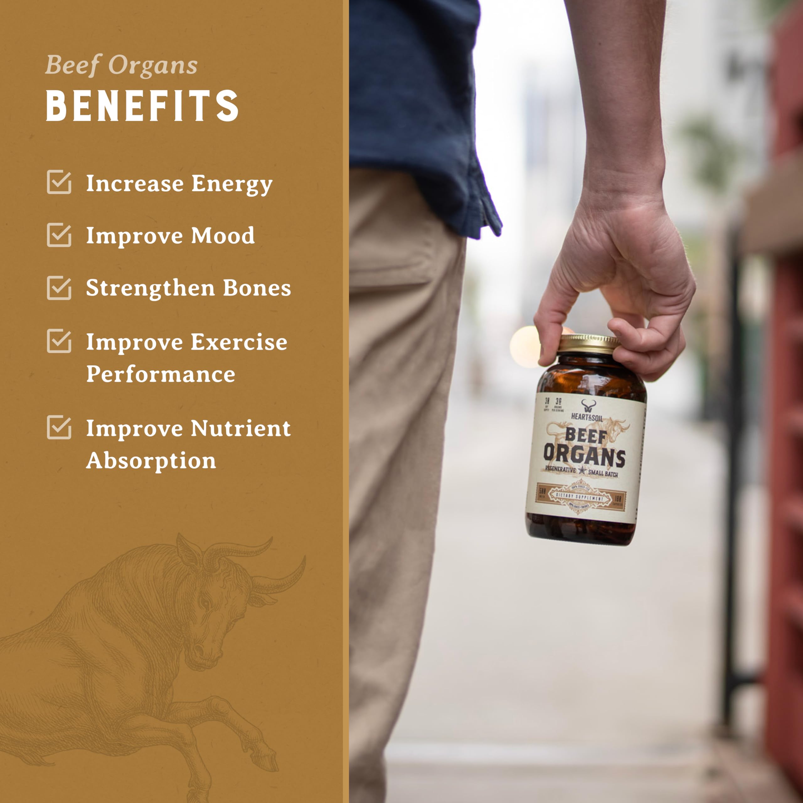 HEART & SOIL – 3000mg Grass-Fed Beef Organ Supplement for Women & Men with Liver, Heart, Kidney, Pancreas & Spleen for Full-Body Nutrition & Energy – Non-GMO, Allergen-Free – 180 Capsules