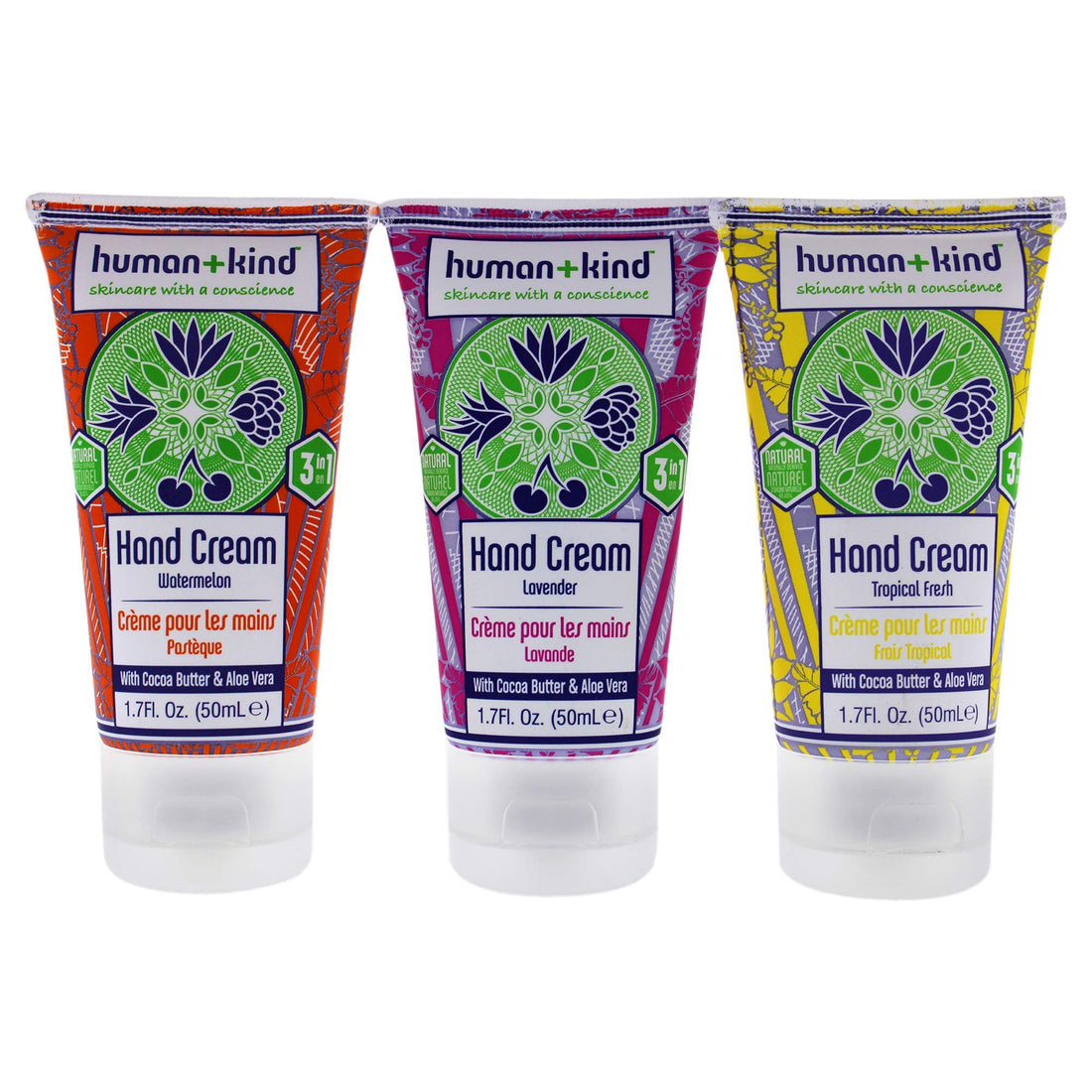 Human+Kind Hand Cream Trio - Lavender, Tropical Fresh, and Watermelon - Moisturizes Hands, Elbows, and Feet - Enriched with Avocado Oil and Shea Butter - Natural, Vegan Skin Care - 3-Pack