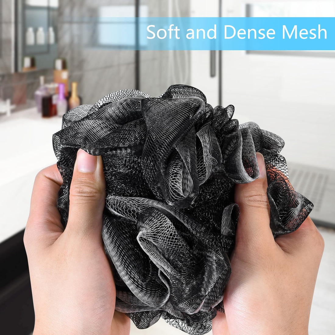 Yoget Bath Loofah Sponge, 4 Pack Black 60G Shower Mesh Ball Soft Pouf Body Scrubber, Exfoliate, Cleanse, Soothe Skin, Black Loofah with White Trim