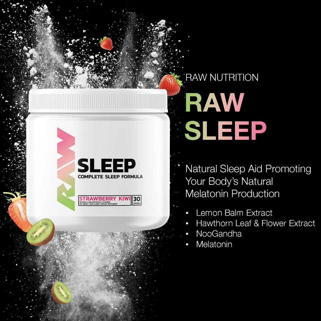 RAW Natural Sleep Aid Supplement - Relaxation Enhancer & Mood Support with Melatonin, Magnesium, Zinc, L-Tryptophan & Lemon Balm Extract to Relax & Calm The Mind & Body - 30 Servings, Strawberry Kiwi