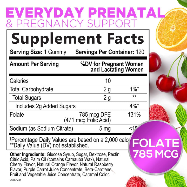 Folic Acid Gummies for Women 785 mcg, Essential Prenatal Vitamins for Mom & Baby, Vegan Folic Supplement Gummy, Vitamin B9 Chewable Extra Strength Folate, Before During After Pregnancy - 120 Gummies
