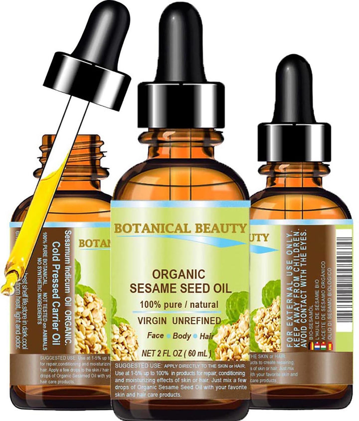 Organic SESAME SEED OIL 100% Pure Natural Virgin Unrefined Undiluted Cold Pressed Carrier Oil for Face, Skin, Body, Hair, Massage, Nails. 2 Fl. oz - 60 ml by Botanical Beauty