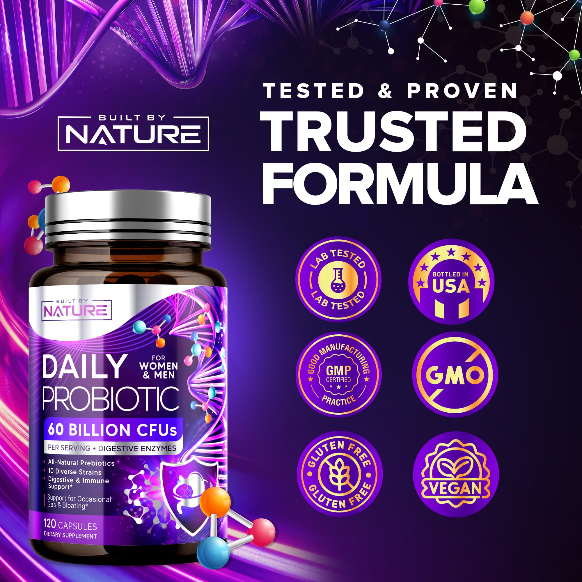 Built by Nature Probiotic for Women & Men – 60 Billion CFU, 10 Strains + Prebiotics & Digestive Enzymes – Supports Digestive, Immune, Reduce Gas & Bloating – Shelf Stable, Non-GMO - 120 Capsules